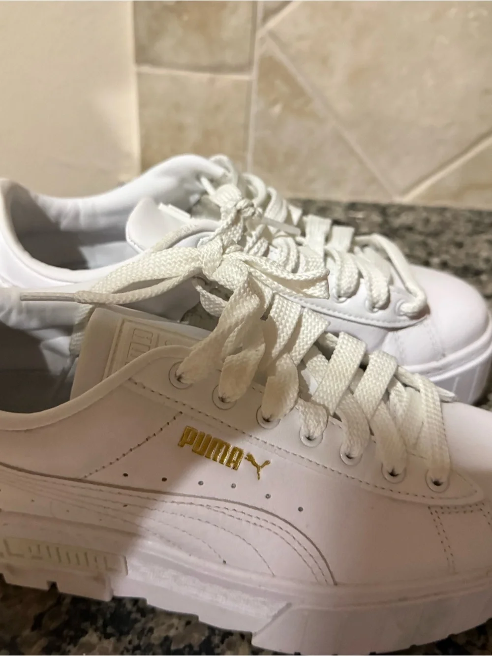 PUMA White Women's Platform Sneakers with Gold Logo